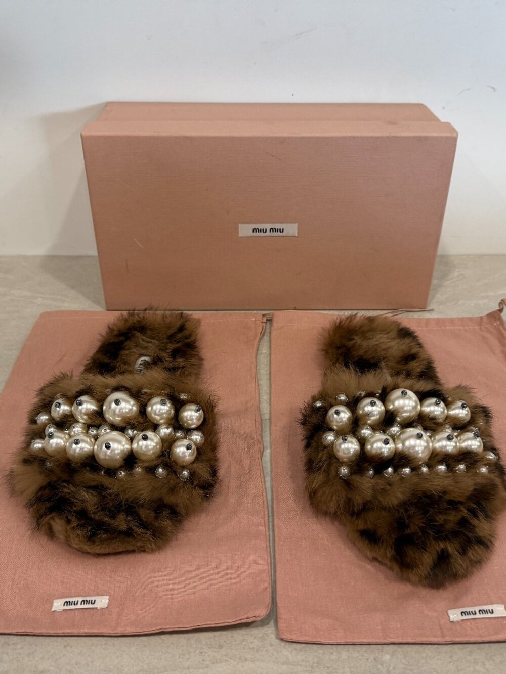Miu Miu  Faux Pearl Accents Fur Slides  Women's Size 9